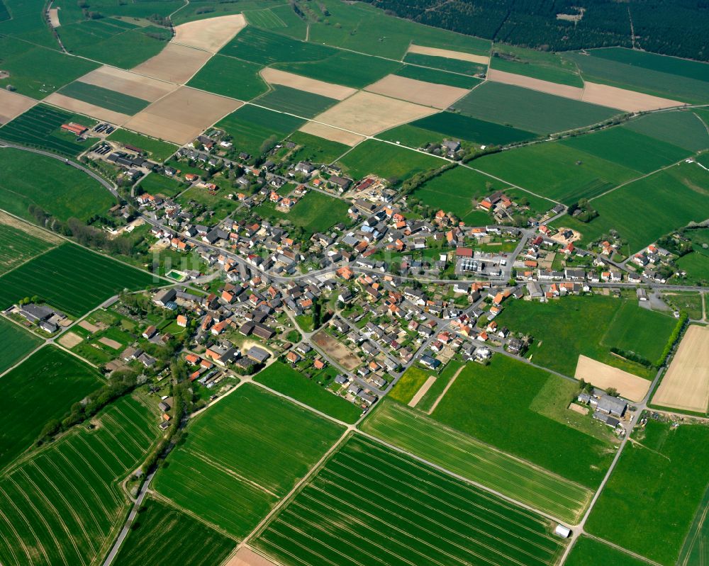 Lingelbach aus der Vogelperspektive: Ortsansicht am Rande von landwirtschaftlichen Feldern in Lingelbach im Bundesland Hessen, Deutschland