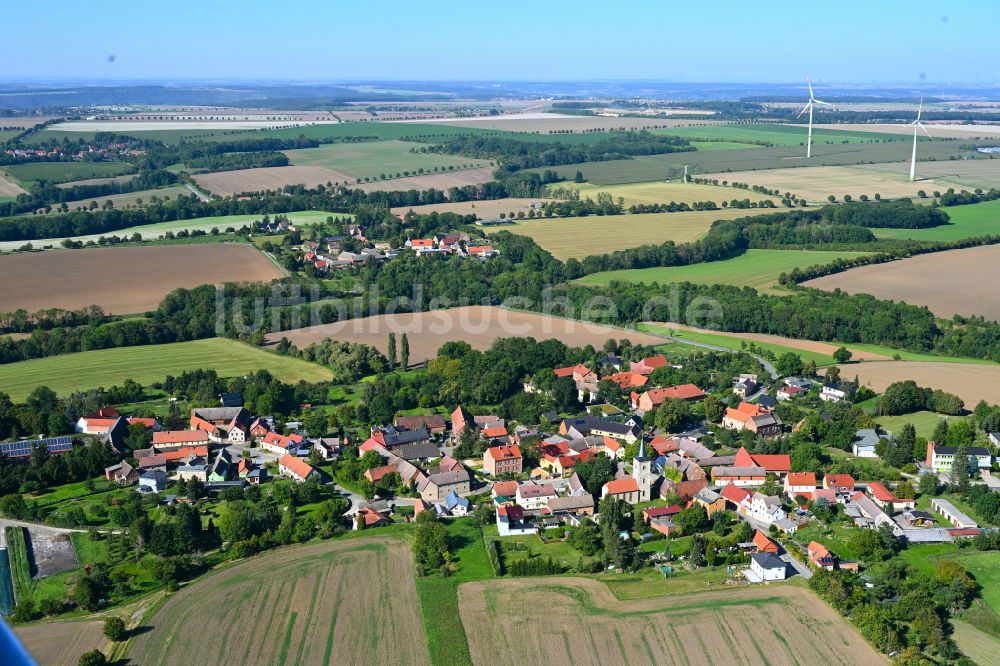 Luftaufnahme Molauer Land - Ortsansicht am Rande von landwirtschaftlichen Feldern in Molauer Land im Bundesland Sachsen-Anhalt, Deutschland