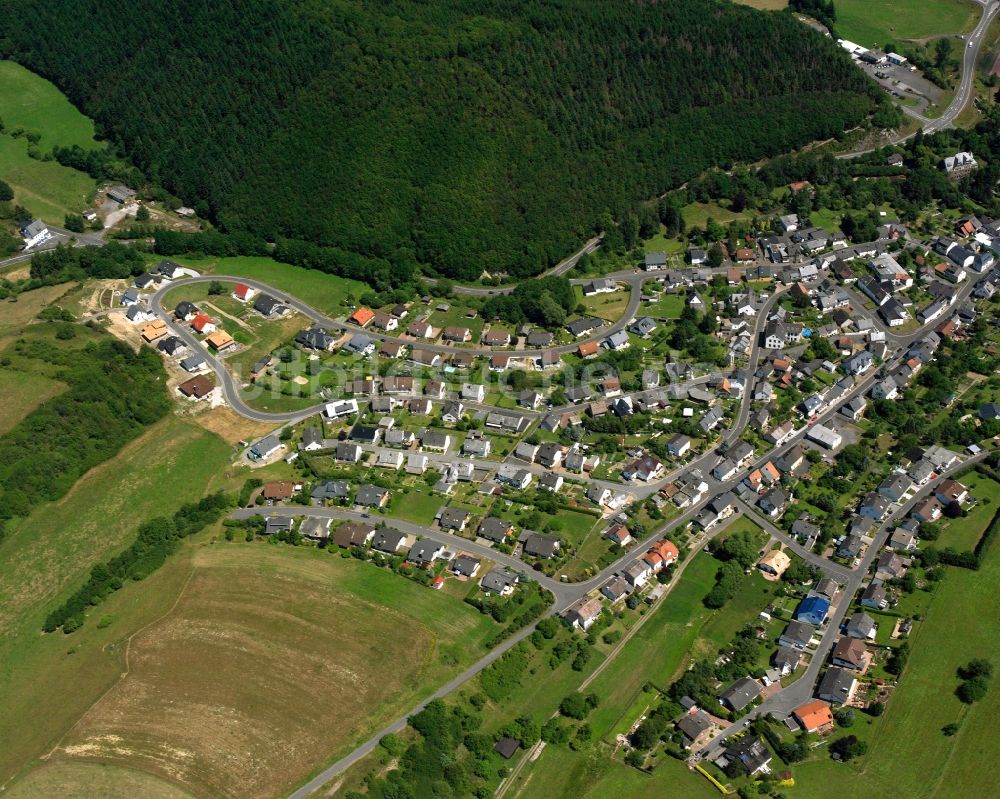 Niederwörresbach aus der Vogelperspektive: Ortsansicht am Rande von landwirtschaftlichen Feldern in Niederwörresbach im Bundesland Rheinland-Pfalz, Deutschland