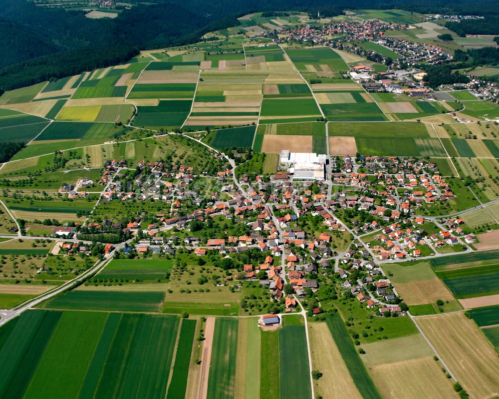 Oberhaugstett aus der Vogelperspektive: Ortsansicht am Rande von landwirtschaftlichen Feldern in Oberhaugstett im Bundesland Baden-Württemberg, Deutschland