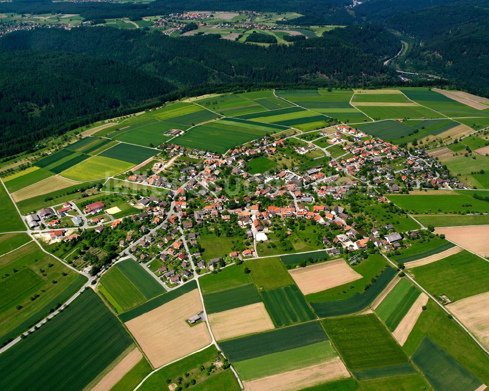 Oberhaugstett von oben - Ortsansicht am Rande von landwirtschaftlichen Feldern in Oberhaugstett im Bundesland Baden-Württemberg, Deutschland