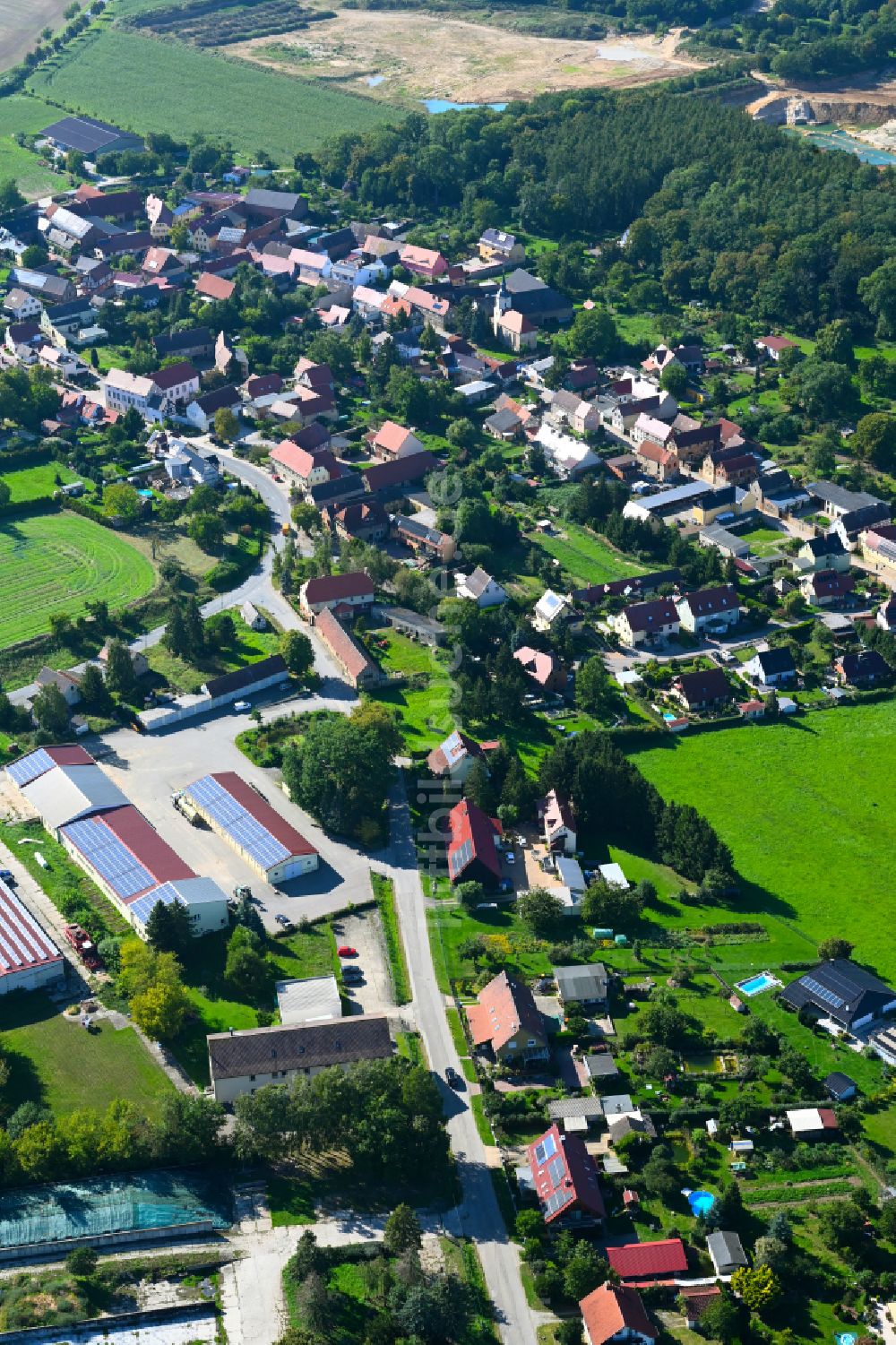 Prießnitz aus der Vogelperspektive: Ortsansicht am Rande von landwirtschaftlichen Feldern in Prießnitz im Bundesland Sachsen-Anhalt, Deutschland