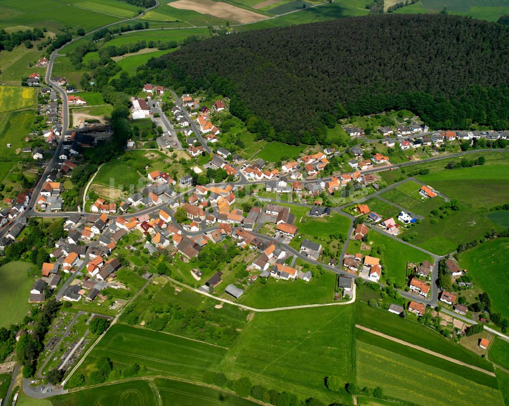 Ruhlkirchen aus der Vogelperspektive: Ortsansicht am Rande von landwirtschaftlichen Feldern in Ruhlkirchen im Bundesland Hessen, Deutschland