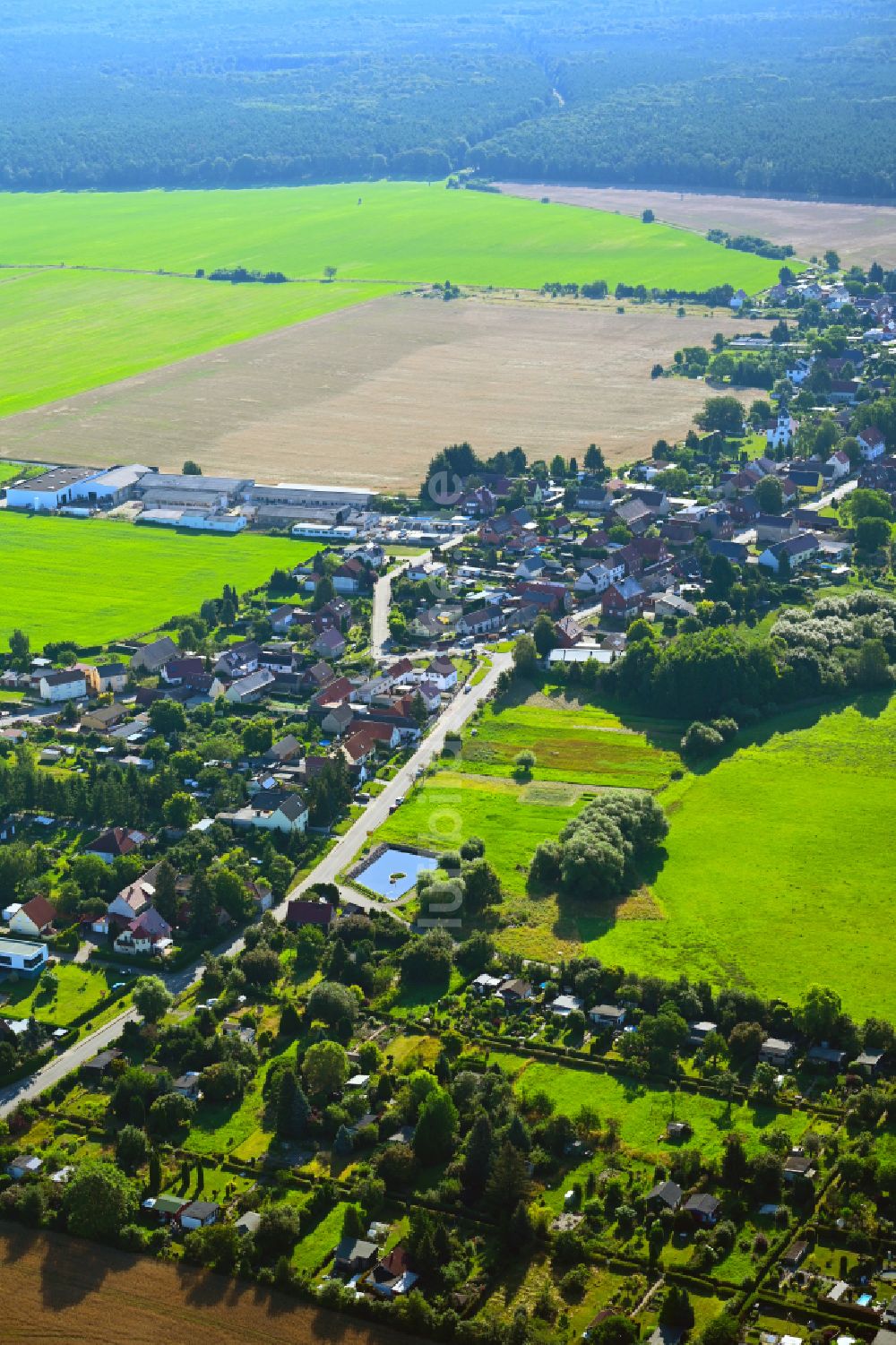 Schköna aus der Vogelperspektive: Ortsansicht am Rande von landwirtschaftlichen Feldern in Schköna im Bundesland Sachsen-Anhalt, Deutschland