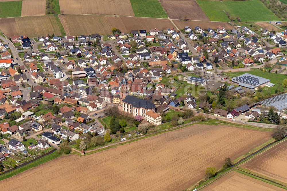 Schuttern von oben - Ortsansicht am Rande von landwirtschaftlichen Feldern in Schuttern im Bundesland Baden-Württemberg, Deutschland