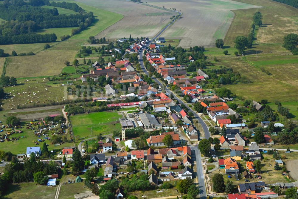 Tanneberg von oben - Ortsansicht am Rande von landwirtschaftlichen Feldern in Tanneberg im Bundesland Brandenburg, Deutschland