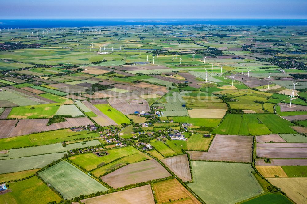 Tinningstedt aus der Vogelperspektive: Ortsansicht am Rande von landwirtschaftlichen Feldern in Tinningstedt im Bundesland Schleswig-Holstein, Deutschland