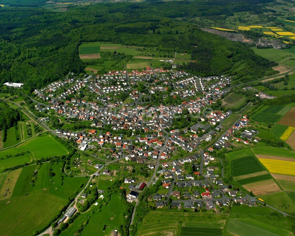 Treis von oben - Ortsansicht am Rande von landwirtschaftlichen Feldern in Treis im Bundesland Hessen, Deutschland