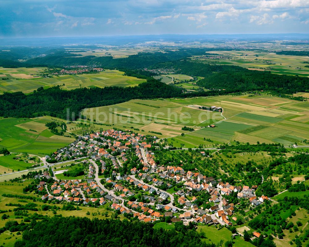 Weiler aus der Vogelperspektive: Ortsansicht am Rande von landwirtschaftlichen Feldern in Weiler im Bundesland Baden-Württemberg, Deutschland