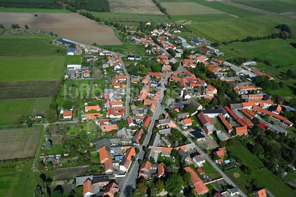 Zobbenitz aus der Vogelperspektive: Ortsansicht am Rande von landwirtschaftlichen Feldern in Zobbenitz im Bundesland Sachsen-Anhalt, Deutschland