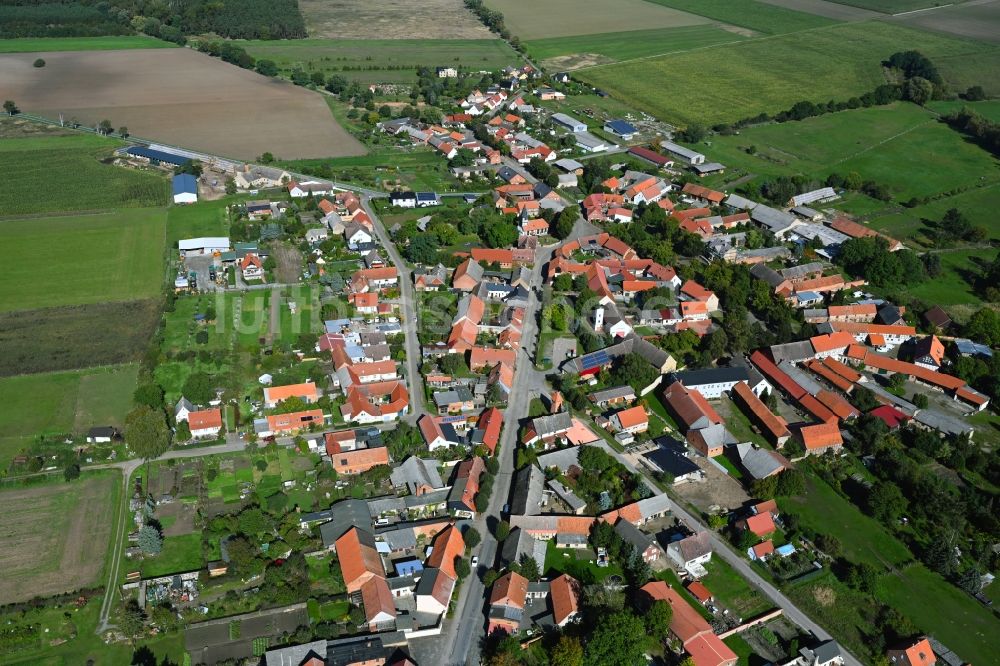 Zobbenitz aus der Vogelperspektive: Ortsansicht am Rande von landwirtschaftlichen Feldern in Zobbenitz im Bundesland Sachsen-Anhalt, Deutschland