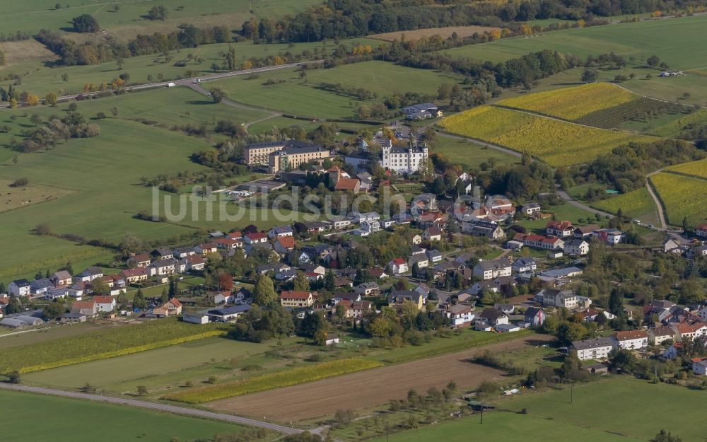 Luftbild Perl OT Nennig - Ortsansicht des Stadtzentrums mit dem Schloßberg in Nennig im Bundesland Saarland