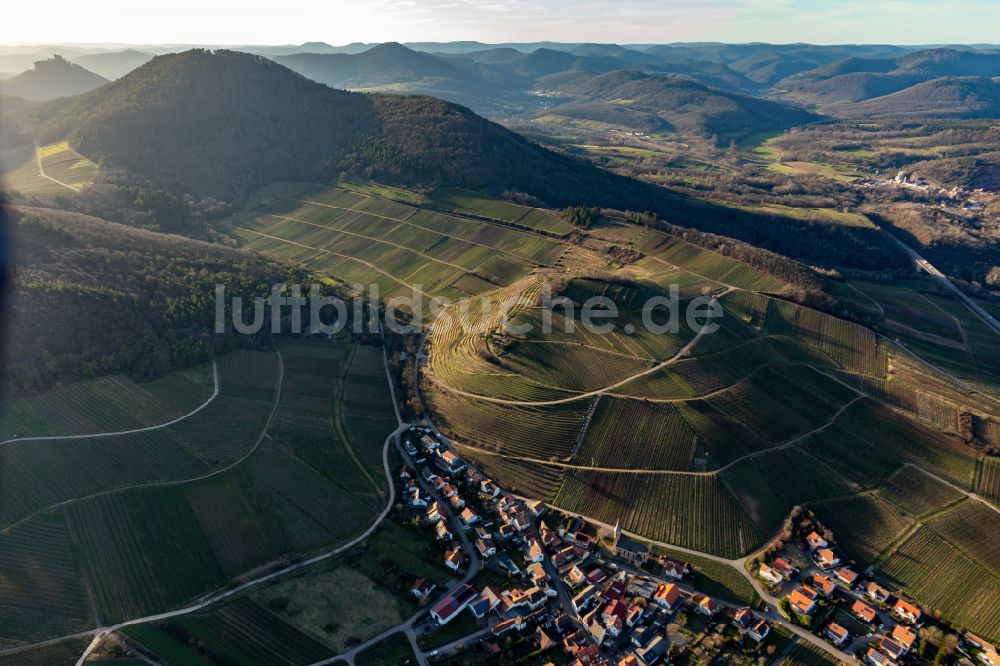 Birkweiler aus der Vogelperspektive: Ortsansicht mit den Weinbergen der Lage Kastanienbusch vor dem Hohenberg in Birkweiler im Bundesland Rheinland-Pfalz