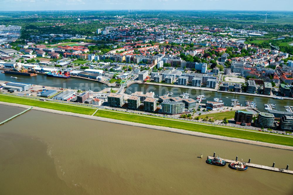 Bremerhaven aus der Vogelperspektive: Ortschaft an den Fluss- Uferbereichen in Bremerhaven im Bundesland Bremen, Deutschland