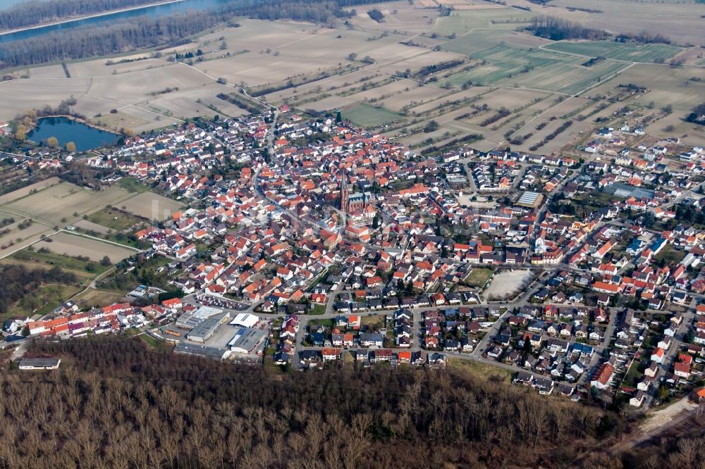 Philippsburg von oben - Ortschaft an den Fluss- Uferbereichen des Rhein im Ortsteil Rheinsheim in Philippsburg im Bundesland Baden-Württemberg, Deutschland