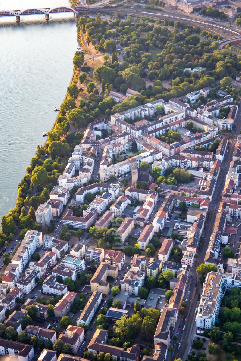 Luftbild Mannheim - Ortschaft an den Fluss- Uferbereichen des Rhein Stephanienufer im Ortsteil Lindenhof in Mannheim im Bundesland Baden-Württemberg, Deutschland