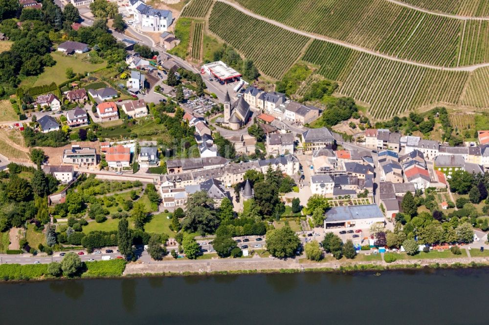 Luftaufnahme Schengen - Ortschaft zwischen den Fluss- Uferbereichen der Mosel und Weinbergen mit Europa Museum Schengen in Schengen in Grevenmacher, Luxemburg