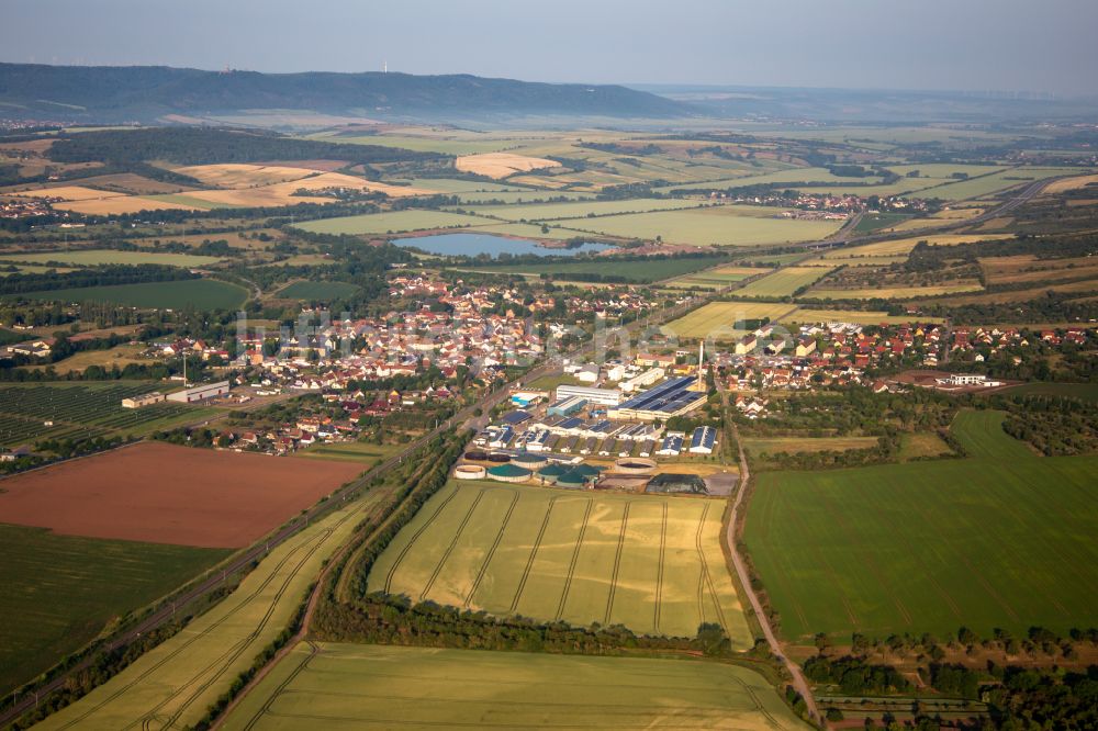 Wallhausen aus der Vogelperspektive: Ortskern am Uferbereich des Kiesweier in Wallhausen im Bundesland Sachsen-Anhalt, Deutschland