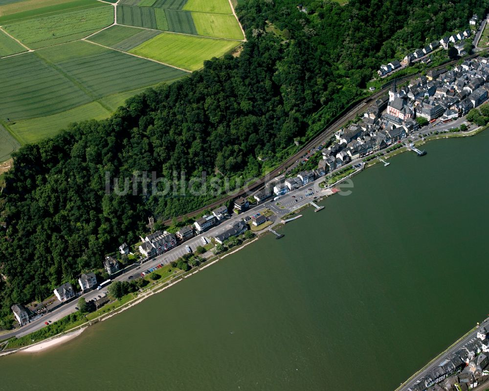 Luftaufnahme Biebernheim - Ortskern am Uferbereich des Rhein - Flußverlaufes in Biebernheim im Bundesland Rheinland-Pfalz, Deutschland