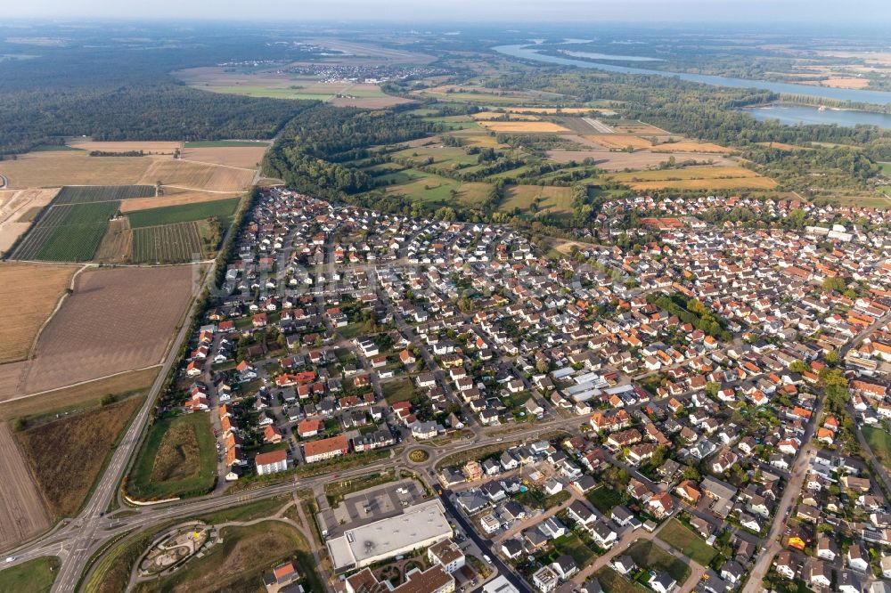 Luftbild Iffezheim - Ortskern am Uferbereich des Rhein - Flußverlaufes in Iffezheim im Bundesland Baden-Württemberg, Deutschland