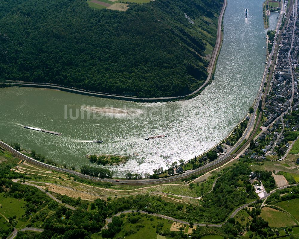 Kaub aus der Vogelperspektive: Ortskern am Uferbereich des Rhein - Flußverlaufes in Kaub im Bundesland Rheinland-Pfalz, Deutschland