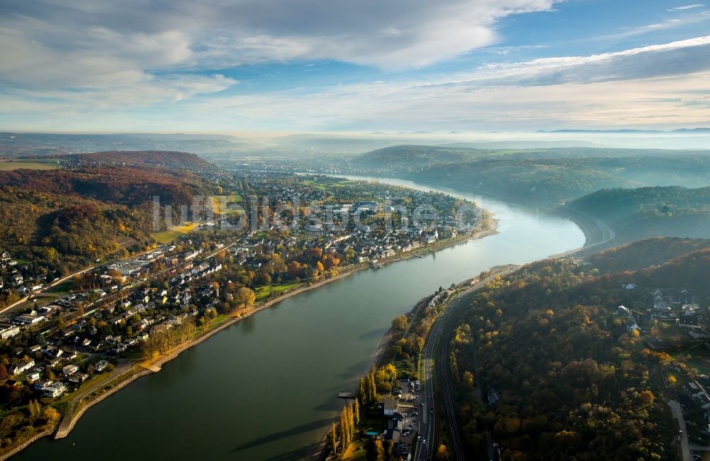 Luftaufnahme Unkel - Ortskern am Uferbereich des Rhein - Flußverlaufes in Unkel im Bundesland Rheinland-Pfalz