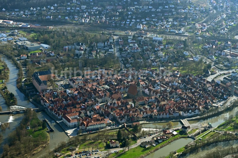 Hann. Münden von oben - Ortskern am Uferbereich des Zusammenfluss von