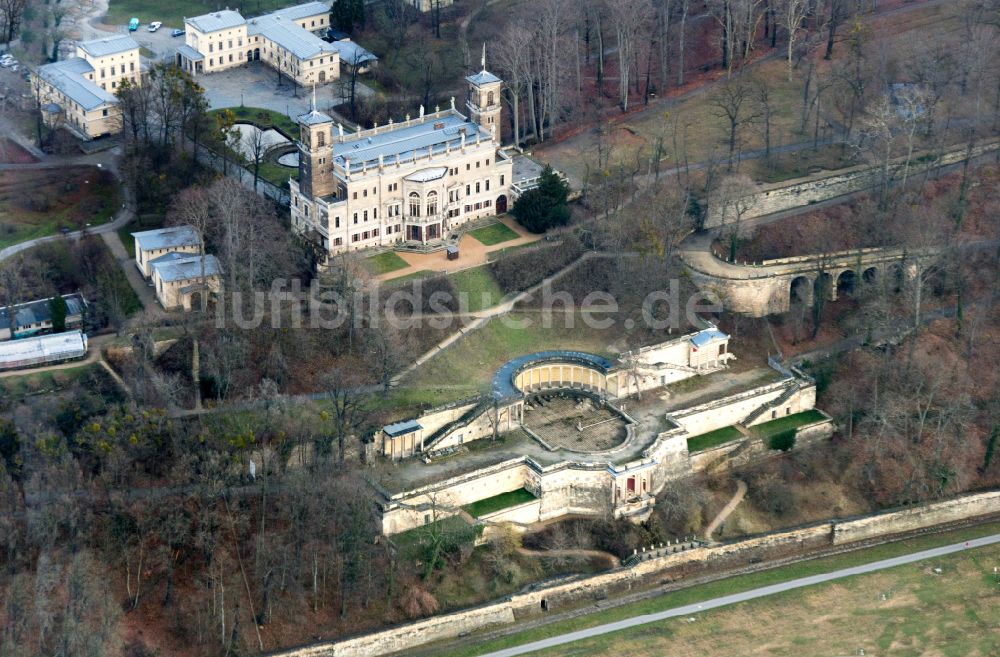 Dresden von oben - Palais des Schloss Albrechtsberg in Dresden im Bundesland Sachsen, Deutschland