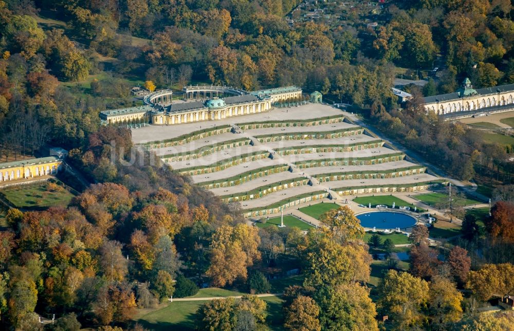 Potsdam von oben - Palais des Schloss Sanssouci in Potsdam im Bundesland Brandenburg, Deutschland