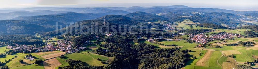 Wald-Michelbach von oben - Panorama der Wald und Berglandschaft des Odenwald im Ortsteil Siedelsbrunn in Wald-Michelbach im Bundesland Hessen, Deutschland