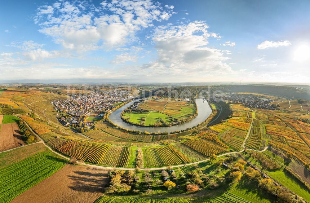 Mundelsheim aus der Vogelperspektive: Panorama Weinbergs- Landschaft der Winzer- Gebiete in Mundelsheim im Bundesland Baden-Württemberg, Deutschland