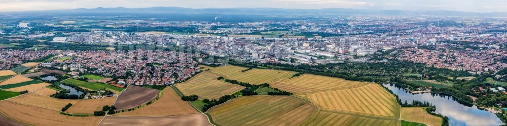 Luftaufnahme Ludwigshafen am Rhein - Panorama Werksgelände des Chemieproduzenten BASF im Hintergrund der Stadtteile Oppau und Friesenheim in Ludwigshafen am Rhein im Bundesland Rheinland-Pfalz, Deutschland