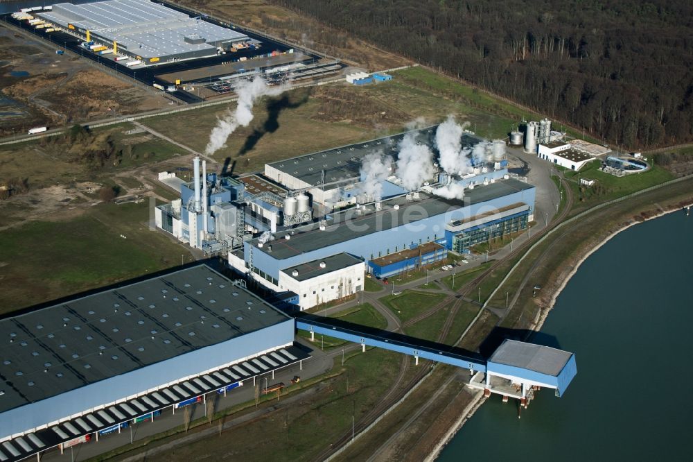 Wörth am Rhein von oben - Papierfabrik Palme im Industrie- und Gewerbegebiet in Wörth am Rhein im Bundesland Rheinland-Pfalz