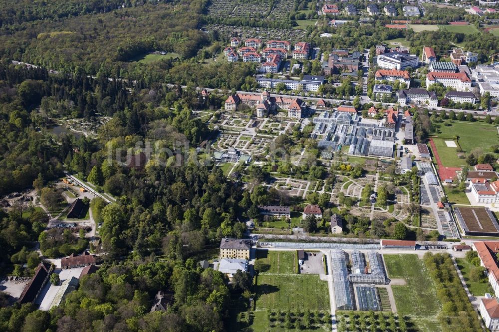 München aus der Vogelperspektive: Parkanlage Botanische Staatssammlung und Botanischer Garten entlang der Menzinger Straße im Ortsteil Neuhausen-Nymphenburg in München im Bundesland Bayern, Deutschland