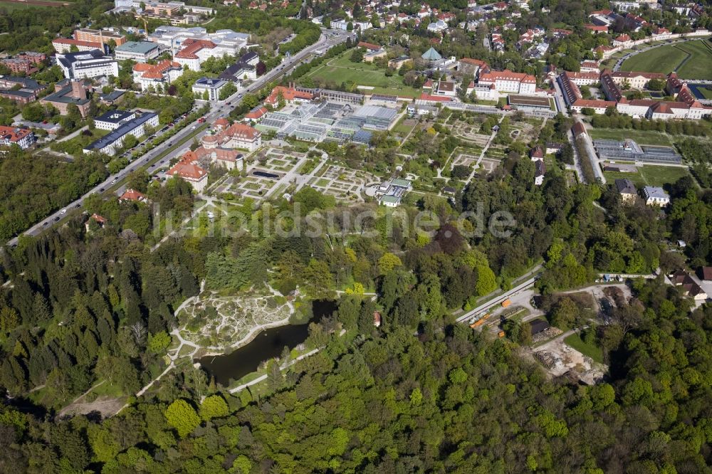 Luftaufnahme München - Parkanlage Botanische Staatssammlung und Botanischer Garten entlang der Menzinger Straße im Ortsteil Neuhausen-Nymphenburg in München im Bundesland Bayern, Deutschland