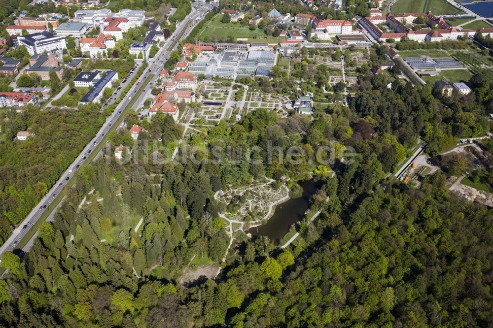 München von oben - Parkanlage Botanische Staatssammlung und Botanischer Garten entlang der Menzinger Straße im Ortsteil Neuhausen-Nymphenburg in München im Bundesland Bayern, Deutschland