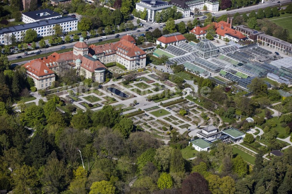 Luftaufnahme München - Parkanlage Botanische Staatssammlung und Botanischer Garten entlang der Menzinger Straße im Ortsteil Neuhausen-Nymphenburg in München im Bundesland Bayern, Deutschland