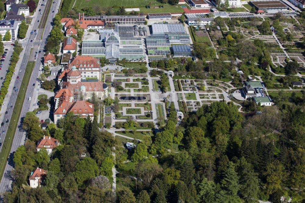 Luftbild München - Parkanlage Botanische Staatssammlung und Botanischer Garten entlang der Menzinger Straße im Ortsteil Neuhausen-Nymphenburg in München im Bundesland Bayern, Deutschland