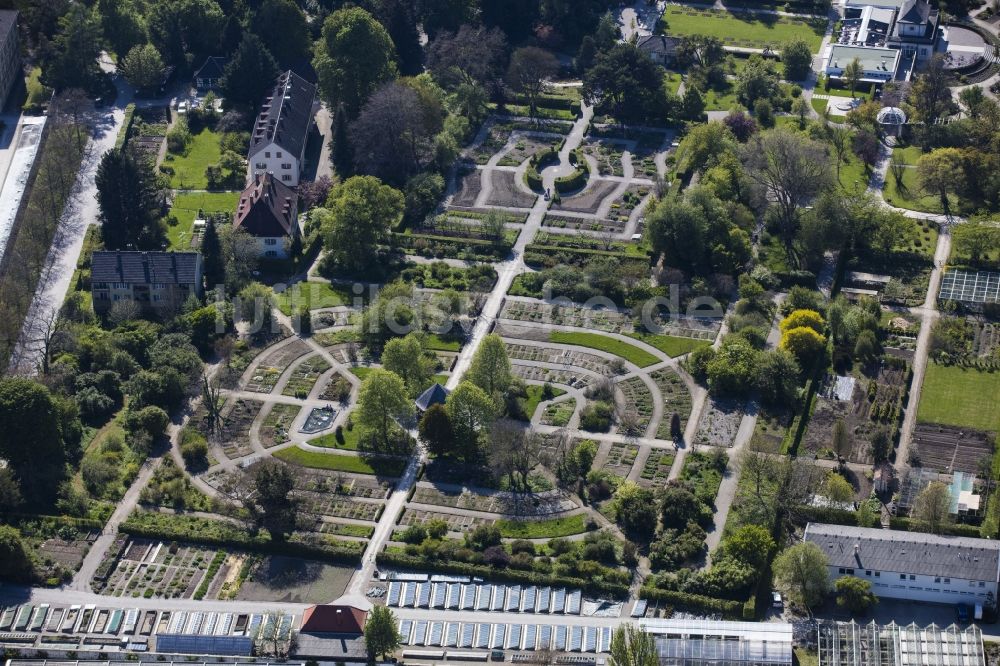 München von oben - Parkanlage Botanische Staatssammlung und Botanischer Garten entlang der Menzinger Straße im Ortsteil Neuhausen-Nymphenburg in München im Bundesland Bayern, Deutschland