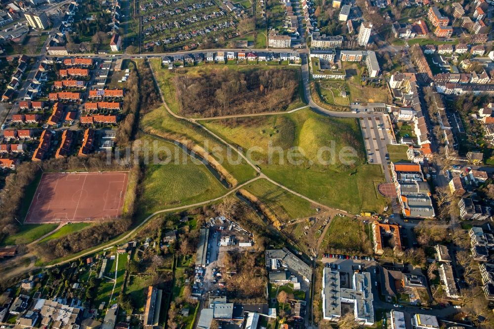 Herne aus der Vogelperspektive: Parkanlage an den Flottmann-Hallen an der Straße des Bohrhammers in Herne im Bundesland Nordrhein-Westfalen