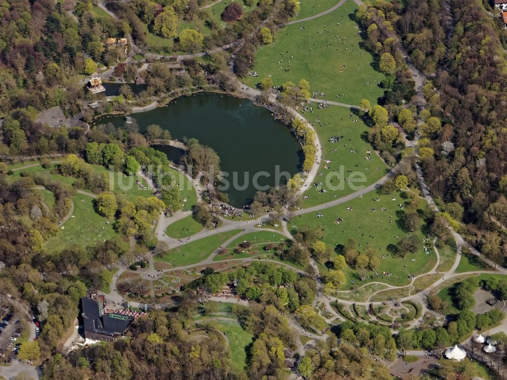 Luftbild München - Parkanlage Westpark mit Rosengarten und See in München Sendling im Bundesland Bayern