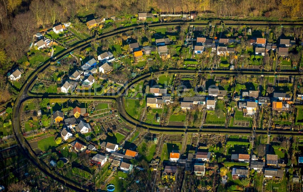 Bochum aus der Vogelperspektive: Parzellen einer Kleingartenanlage in Bochum im Bundesland Nordrhein-Westfalen