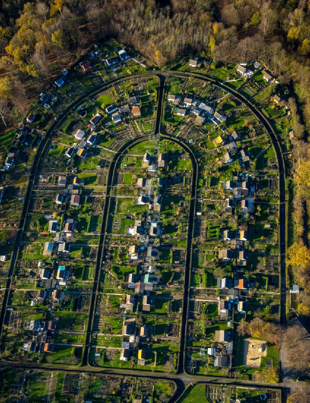 Bochum von oben - Parzellen einer Kleingartenanlage in Bochum im Bundesland Nordrhein-Westfalen