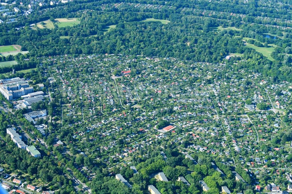 Luftaufnahme Berlin - Parzellen einer Kleingartenanlage am Buckower Damm im Ortsteil Neukölln in Berlin, Deutschland