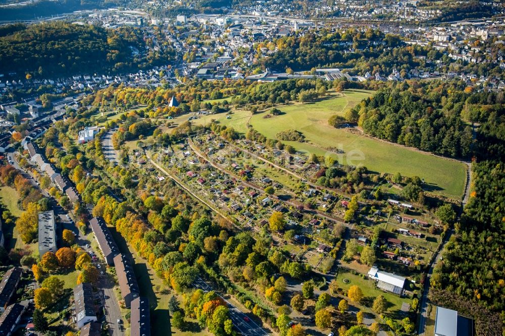 Siegen von oben - Parzellen einer Kleingartenanlage an der Frankfurter Straße in Siegen im Bundesland Nordrhein-Westfalen