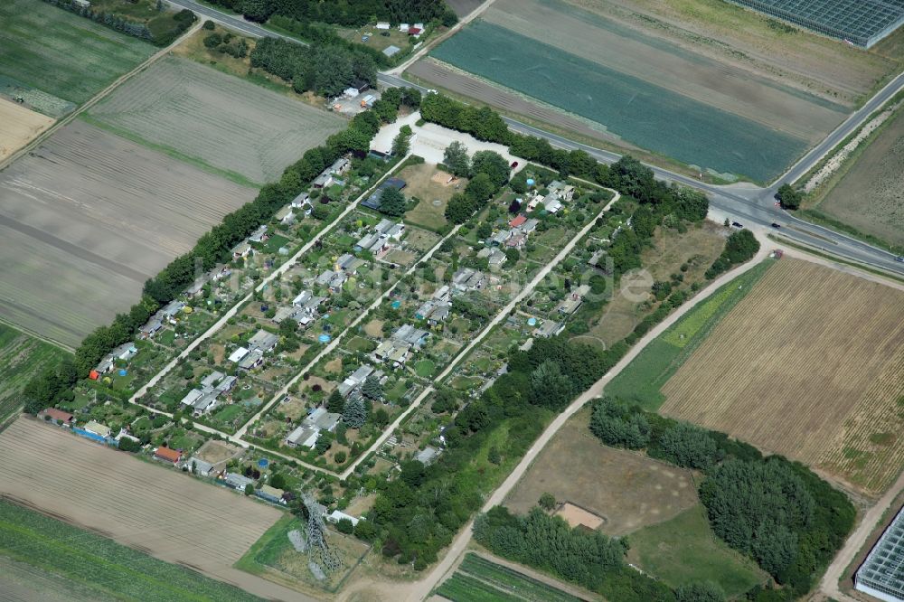 Nürnberg aus der Vogelperspektive: Parzellen einer Kleingartenanlage an der Raiffeisenstraße in Nürnberg im Bundesland Bayern