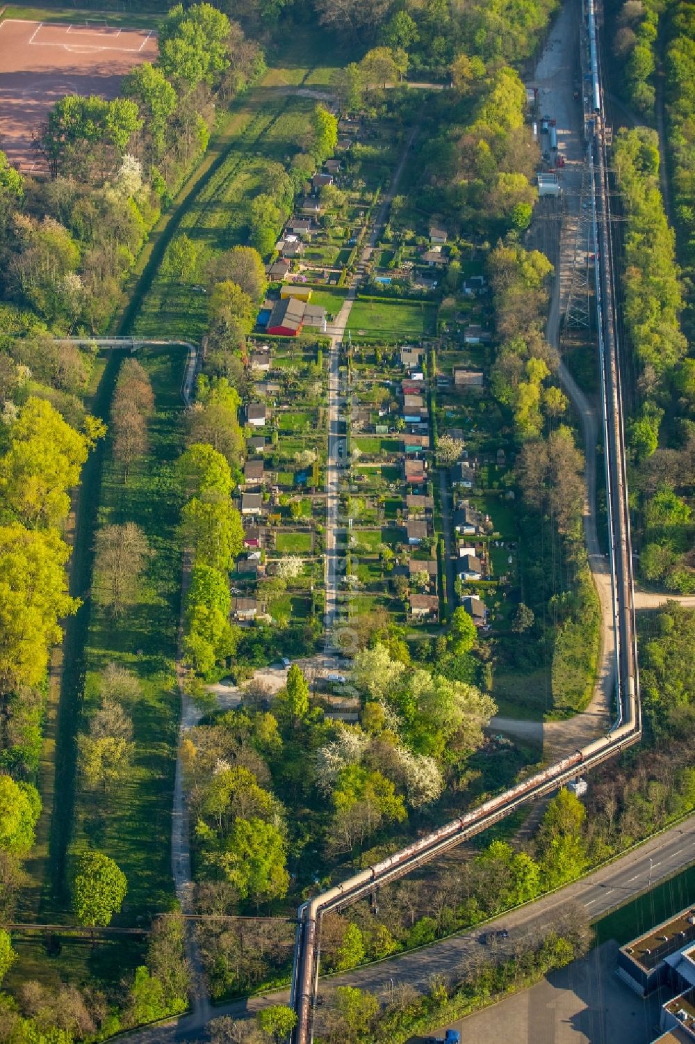 Luftaufnahme Duisburg - Parzellen einer Kleingartenanlage an der Stepelsche Straße in Duisburg im Bundesland Nordrhein-Westfalen, Deutschland