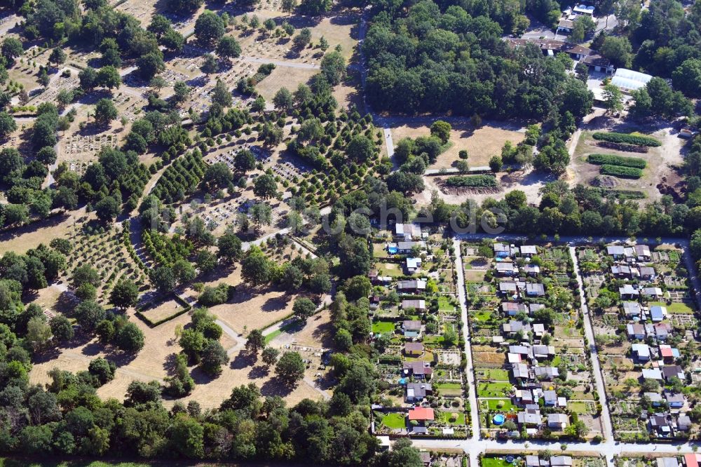 Luftaufnahme Wolfsburg - Parzellen einer Kleingartenanlage an der Werderstraße angrenzend zum Nordfriedhof im Ortsteil Nordstadt in Wolfsburg im Bundesland Niedersachsen, Deutschland