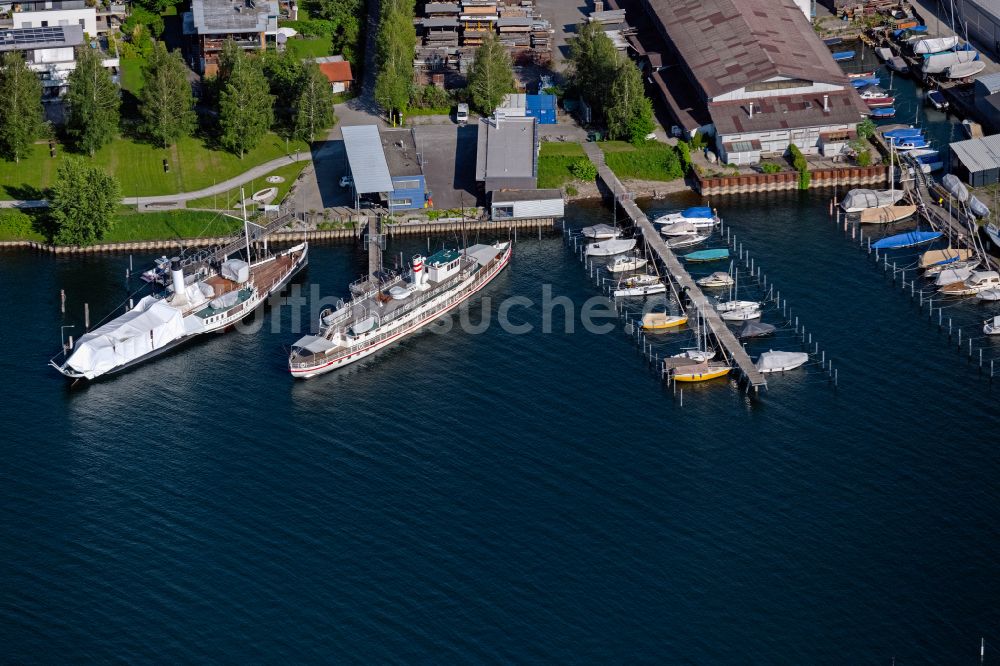 Luftbild Hard - Passagier- und Fahrgastschiff der Historische Schifffahrt Bodensee in Hard in Vorarlberg, Österreich