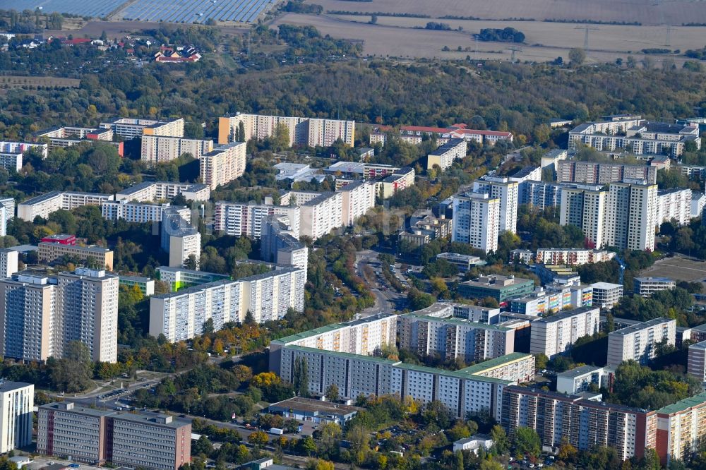 Berlin von oben - Plattenbau- Hochhaus- Wohnsiedlung entlang der Mehrower Allee - Märkische Allee im Ortsteil Marzahn in Berlin, Deutschland